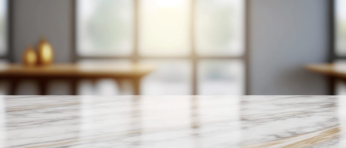 Empty white marble counter top table modern kitchen for display over bright luxury room background