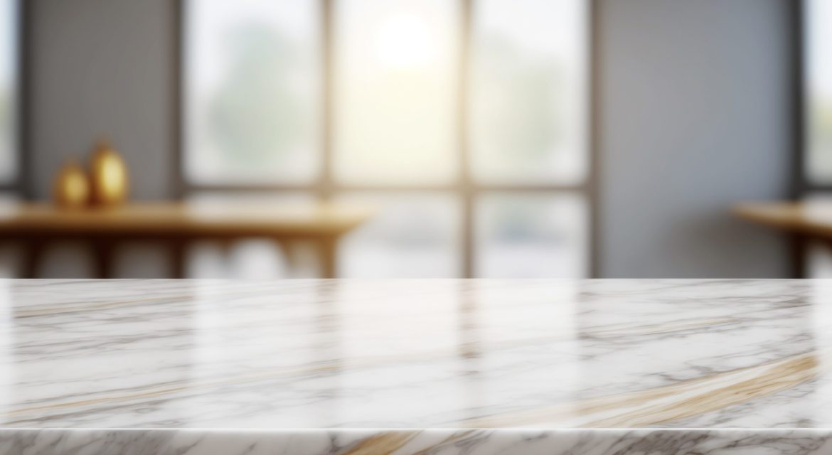 Empty white marble counter top table modern kitchen for display over bright luxury room background