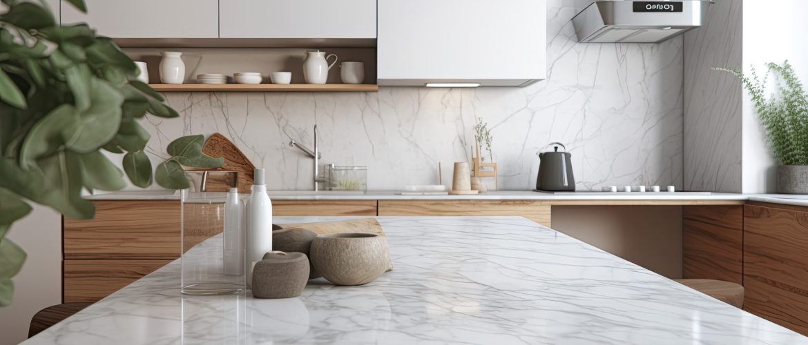 Close up of a marble table top in a white modern kitchen with built in cabinets and a counter. Interior of a showcase cooking room mockup. Generative AI