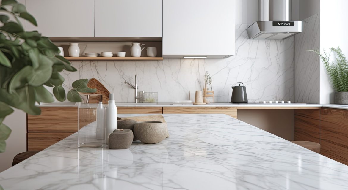 Close up of a marble table top in a white modern kitchen with built in cabinets and a counter. Interior of a showcase cooking room mockup. Generative AI