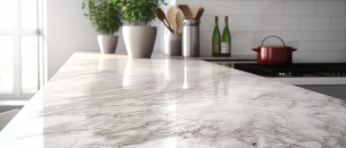 Generative AI : Close-up Marble granite kitchen counter island for product display on modern bright and clean kitchen space. 3d rendering, 3d illustration