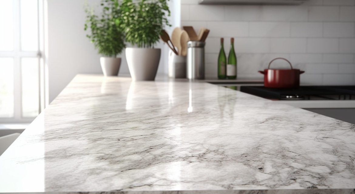 Generative AI : Close-up Marble granite kitchen counter island for product display on modern bright and clean kitchen space. 3d rendering, 3d illustration