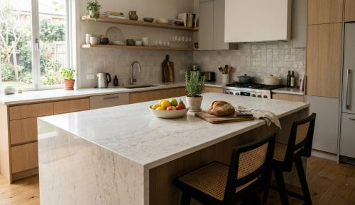 A modern kitchen featuring a large white quartz island with soft veining, warm wood cabinetry, and bright natural light