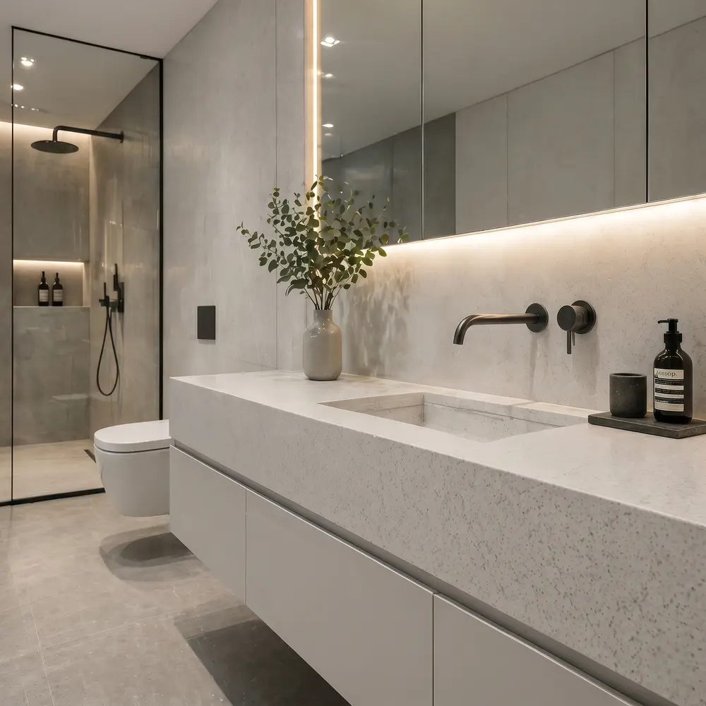 A modern bathroom featuring a floating white vanity with a speckled stone countertop