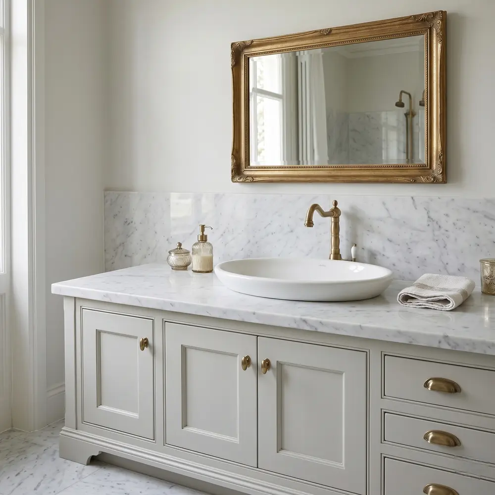 An elegant traditional bathroom vanity with a muted grey cabinet, a marble countertop, and a white vessel sink