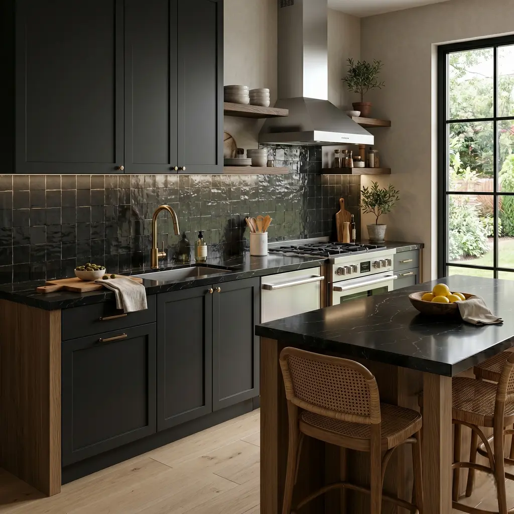 modern kitchen with matte black cabinets and black quartz countertop with subtle white veining
