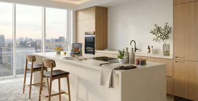 modern Chicago kitchen with white quartz waterfall island and light oak cabinets