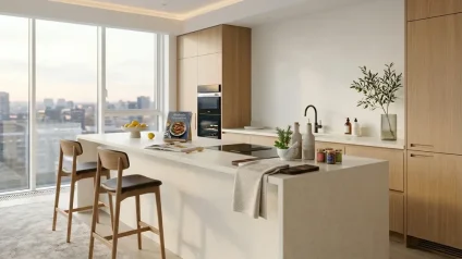 modern Chicago kitchen with white quartz waterfall island and light oak cabinets