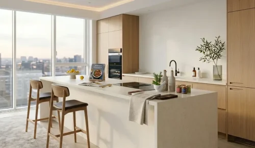 modern Chicago kitchen with white quartz waterfall island and light oak cabinets