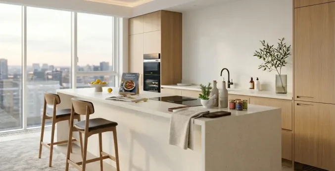modern Chicago kitchen with white quartz waterfall island and light oak cabinets