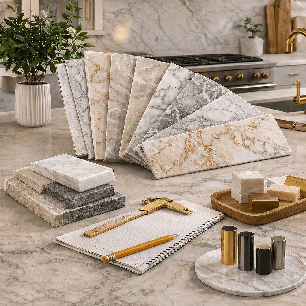 Kitchen countertop material samples with design tools