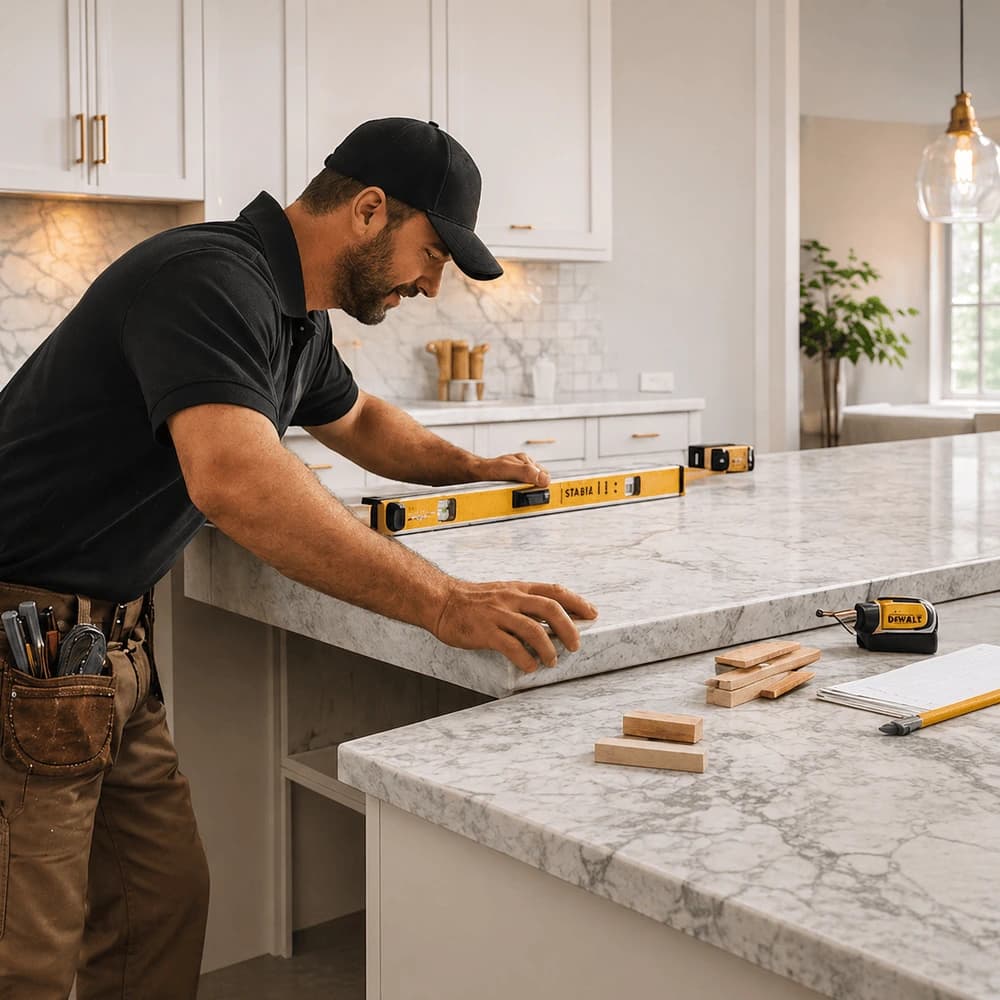 Professional installer leveling a kitchen countertop during countertop installation