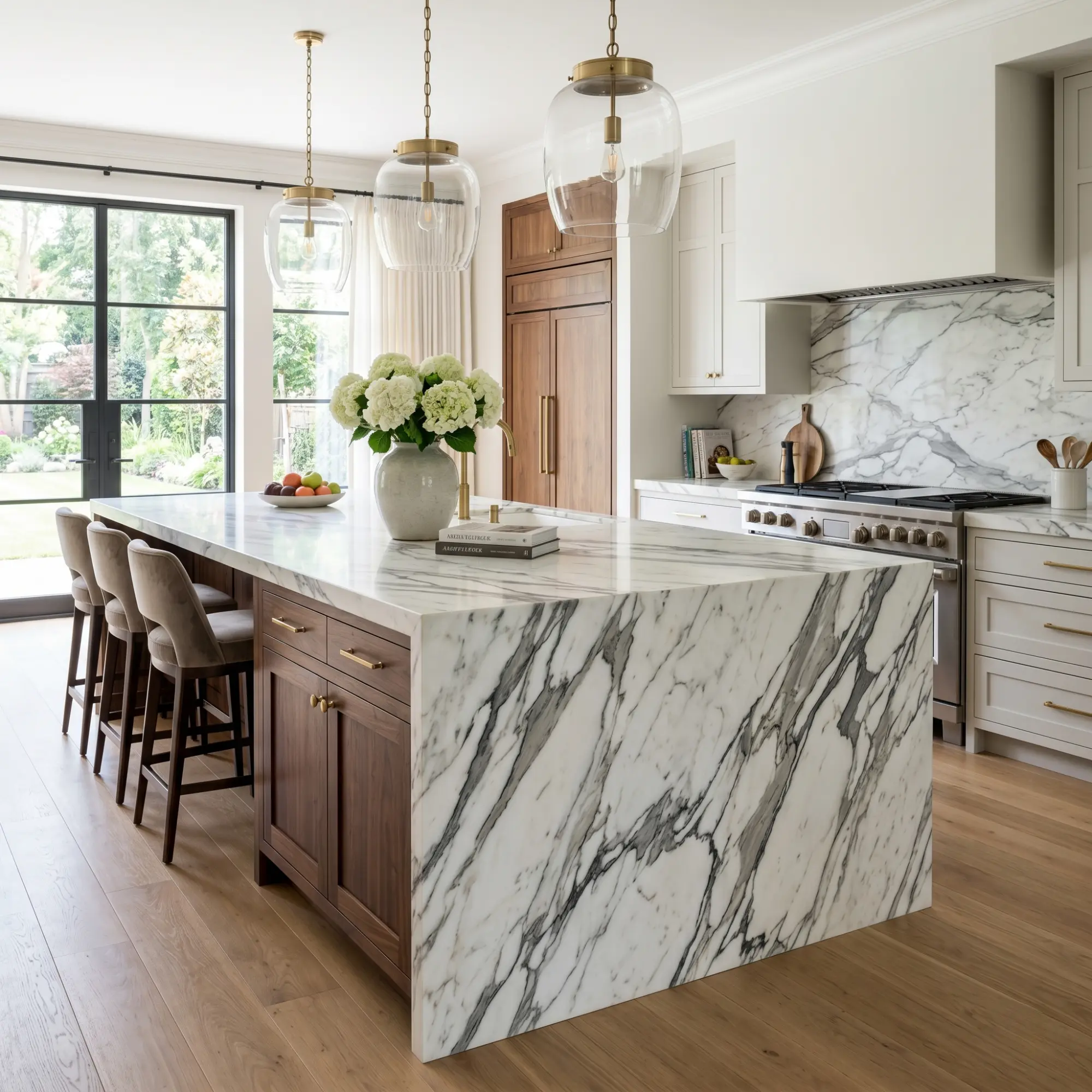 A large, luxurious kitchen island featuring a dramatic, heavily veined marble countertop with a clear natural stone pattern, set within a professional modern kitchen interior