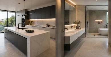Modern home interior showing quartz kitchen island countertop and floating bathroom vanity countertop in a contemporary design