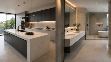 Modern home interior showing quartz kitchen island countertop and floating bathroom vanity countertop in a contemporary design