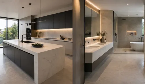 Modern home interior showing quartz kitchen island countertop and floating bathroom vanity countertop in a contemporary design