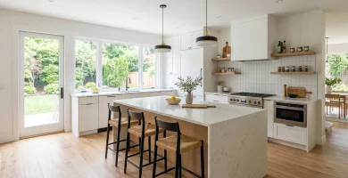 Modern kitchen with a large white countertop island