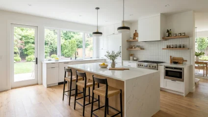 Modern kitchen with a large white countertop island