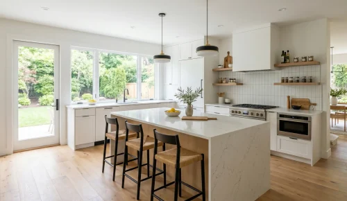 Modern kitchen with a large white countertop island