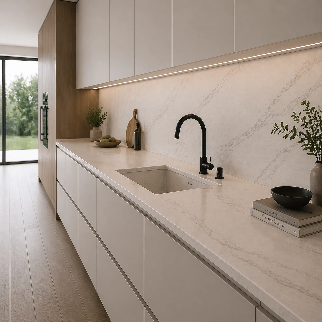 Long seamless quartz countertop with integrated sink in a modern minimalist kitchen