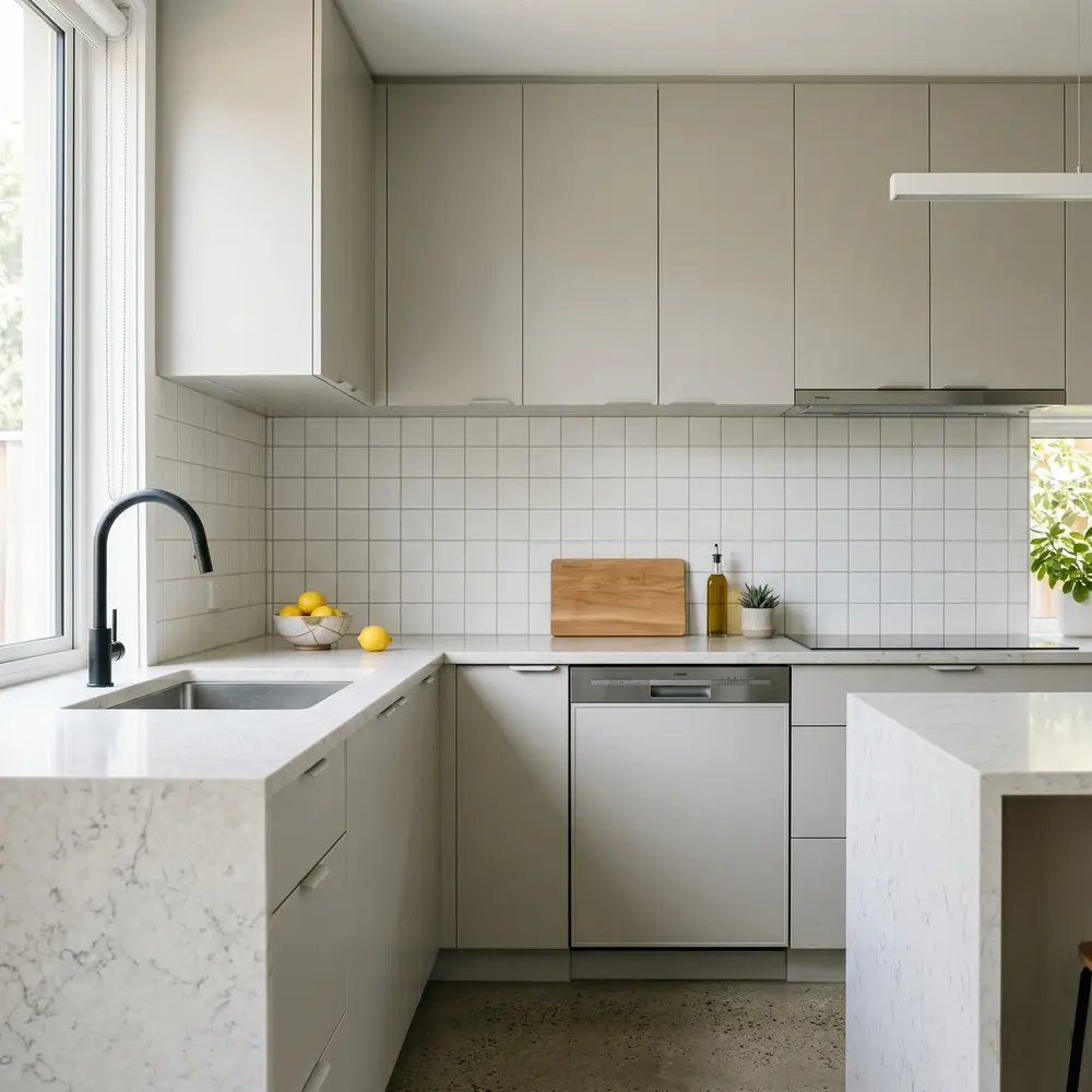 Modern kitchen with light stone countertops and flat-panel cabinets