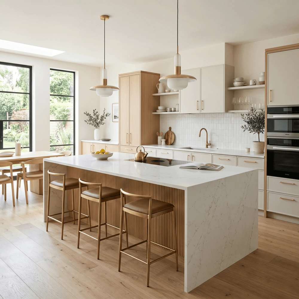 Modern luxury kitchen interior design featuring a large island countertop, soft natural daylight, and elegant gold accents.