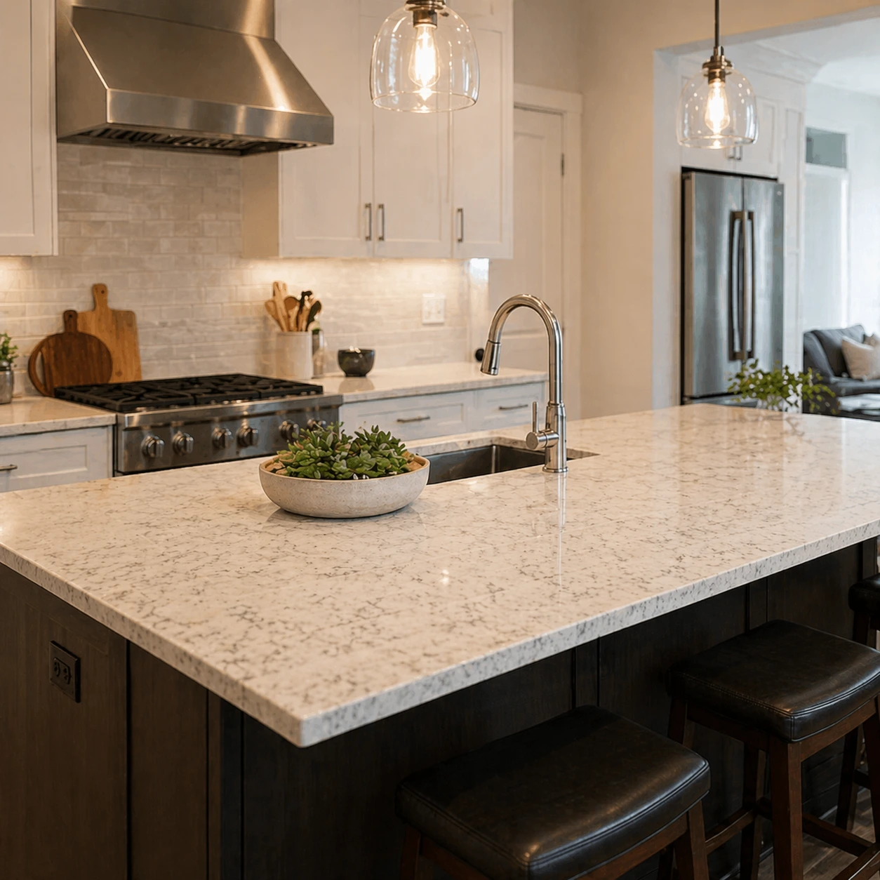 modern kitchen with large island and new light-colored stone countertop