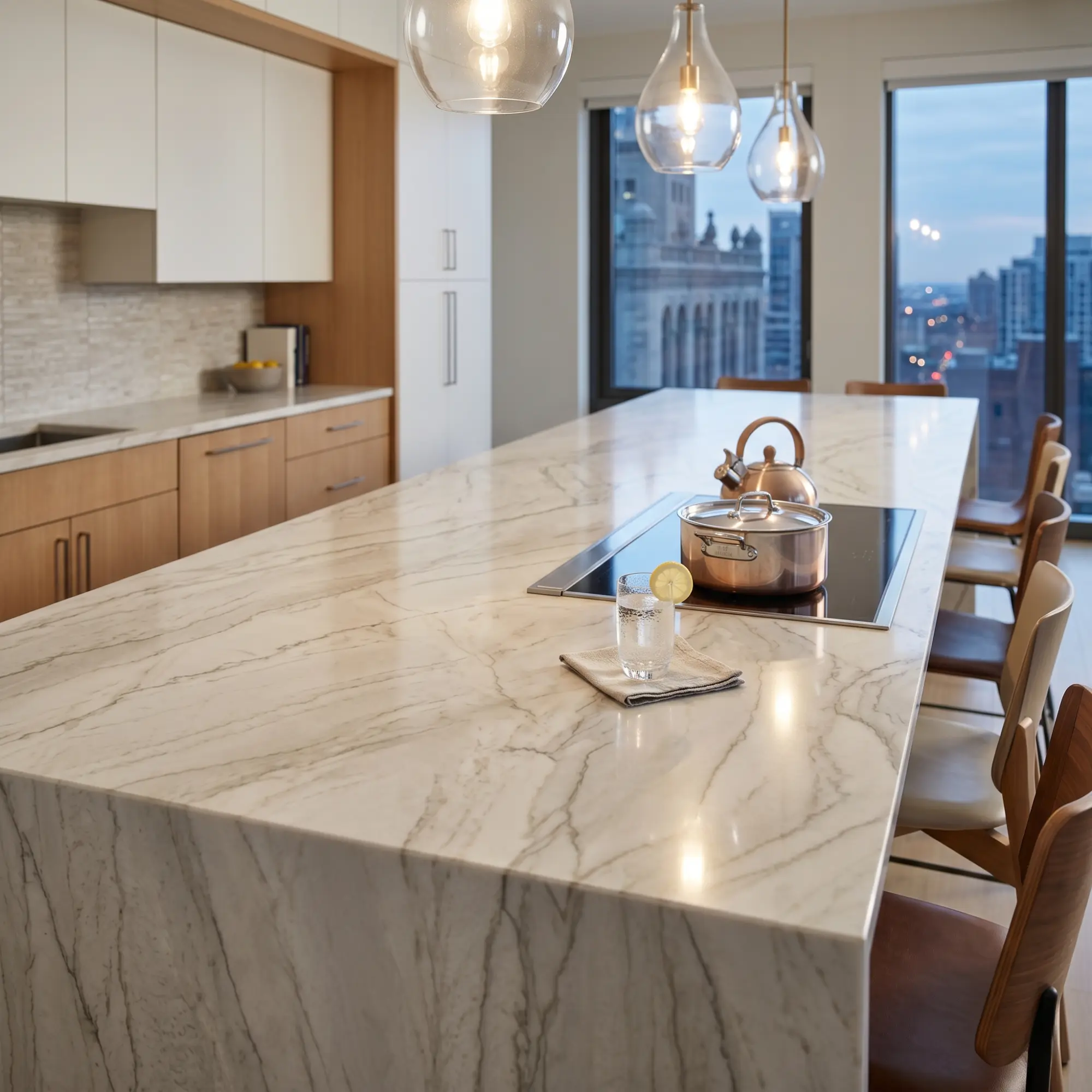A spacious quartzite kitchen island featuring elegant marble-like veining and soft color variations in a modern Chicago home