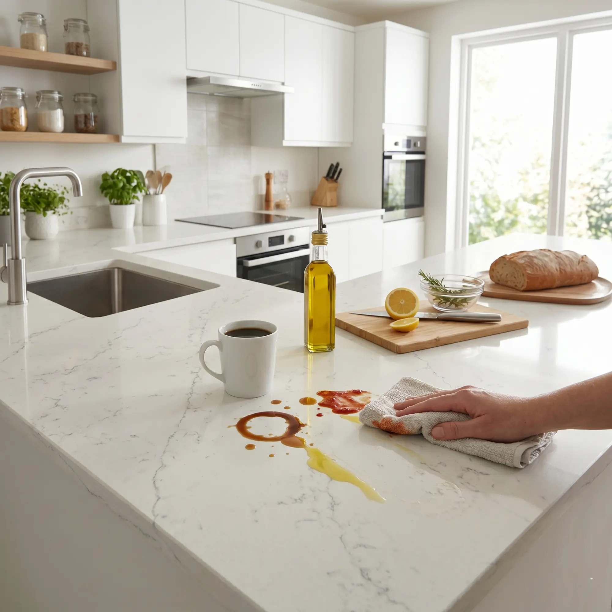 Hand wiping spills off a white quartz kitchen counter