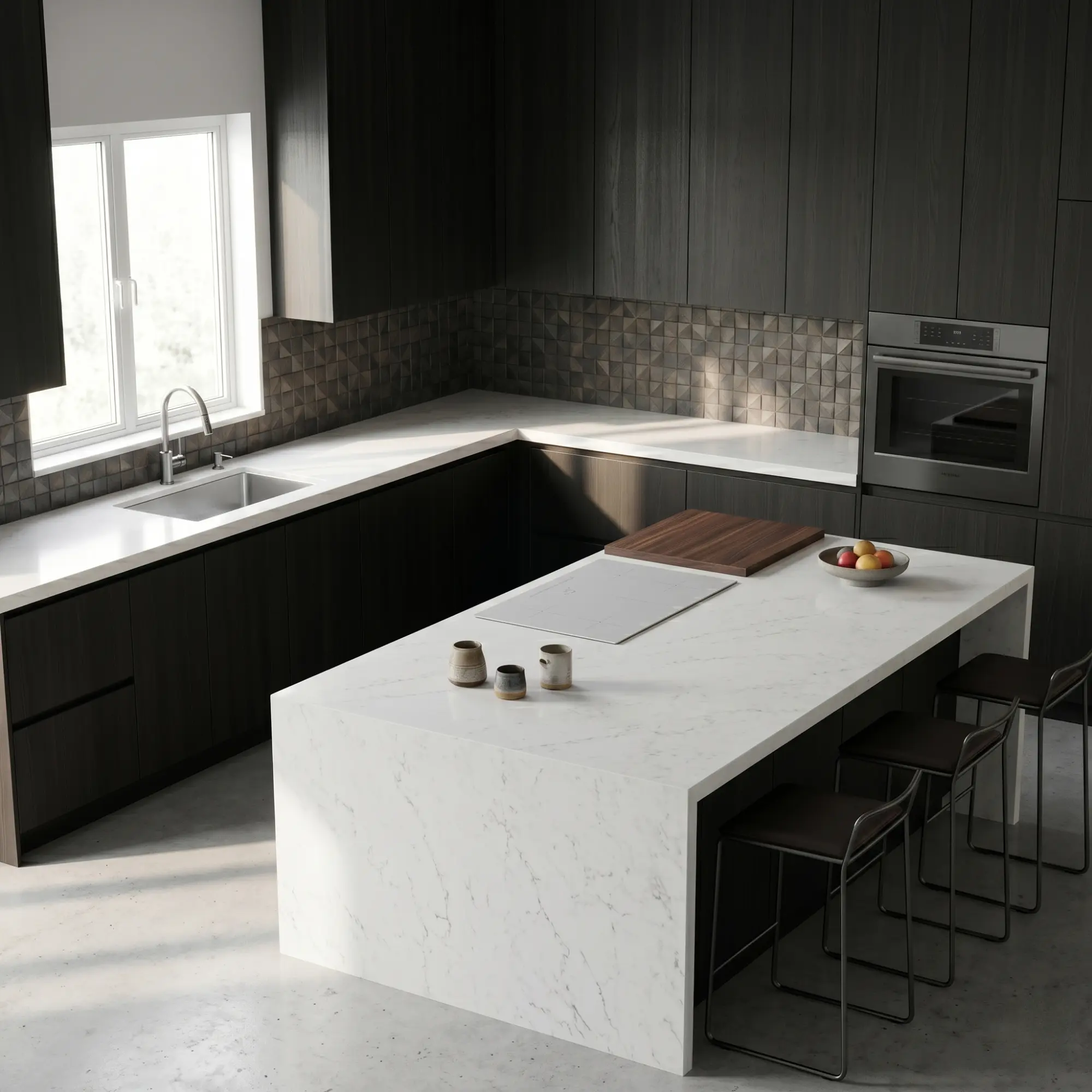 Modern kitchen with a large white quartz countertop island, dark cabinets, and minimalist design with natural light