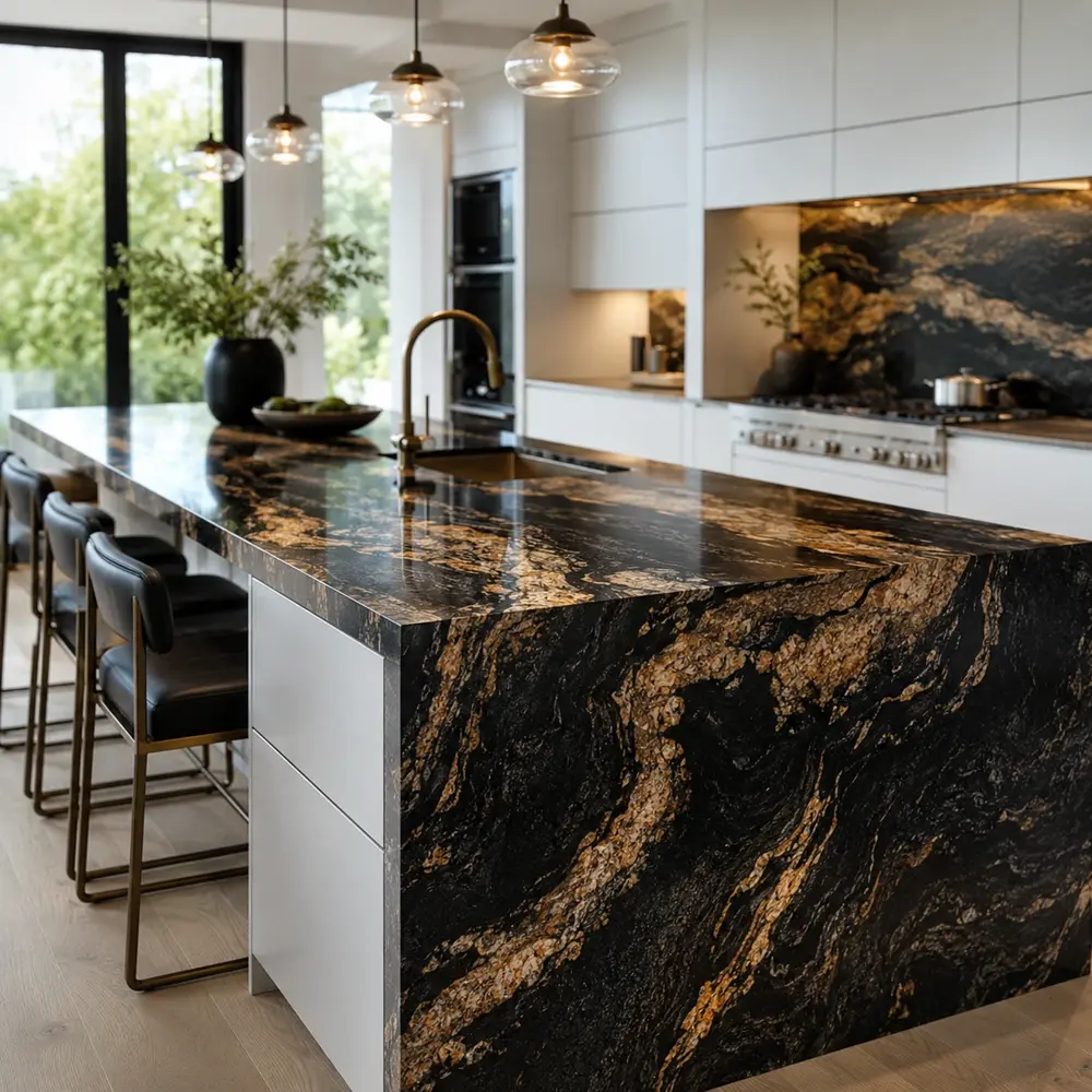 Luxury kitchen island with a dramatic black and gold granite countertop in a modern white kitchen