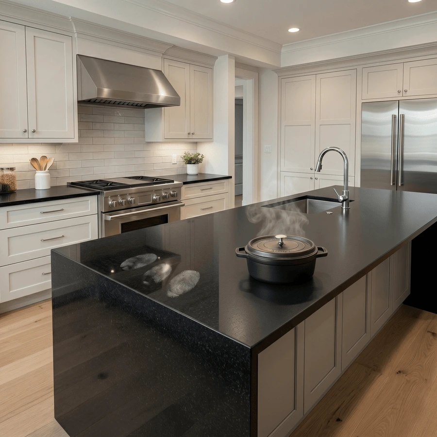 Black granite kitchen island countertop with white cabinets, stainless steel appliances, and a modern polished kitchen design