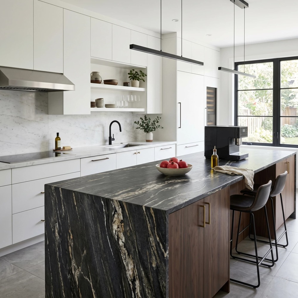 Dark stone kitchen island countertop contrasting with light perimeter counters in a modern white kitchen