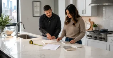 How Much Do Quartz Countertops Cost Per Square Foot in 2026? Homeowner and countertop specialist reviewing quartz samples in a modern Chicago kitchen