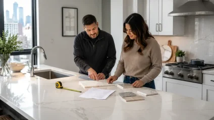 Homeowner and countertop specialist reviewing quartz samples in a modern Chicago kitchen