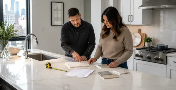 Homeowner and countertop specialist reviewing quartz samples in a modern Chicago kitchen