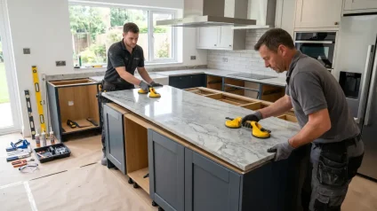 Installers positioning a stone countertop slab during kitchen installation