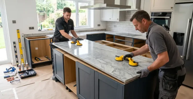 Installers positioning a stone countertop slab during kitchen installation
