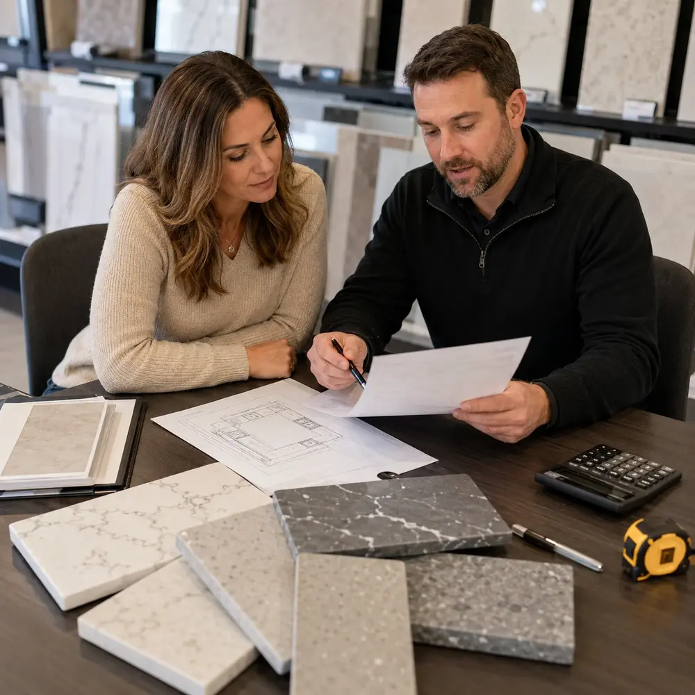 Homeowner reviewing a countertop installation quote with a specialist in a quartz showroom