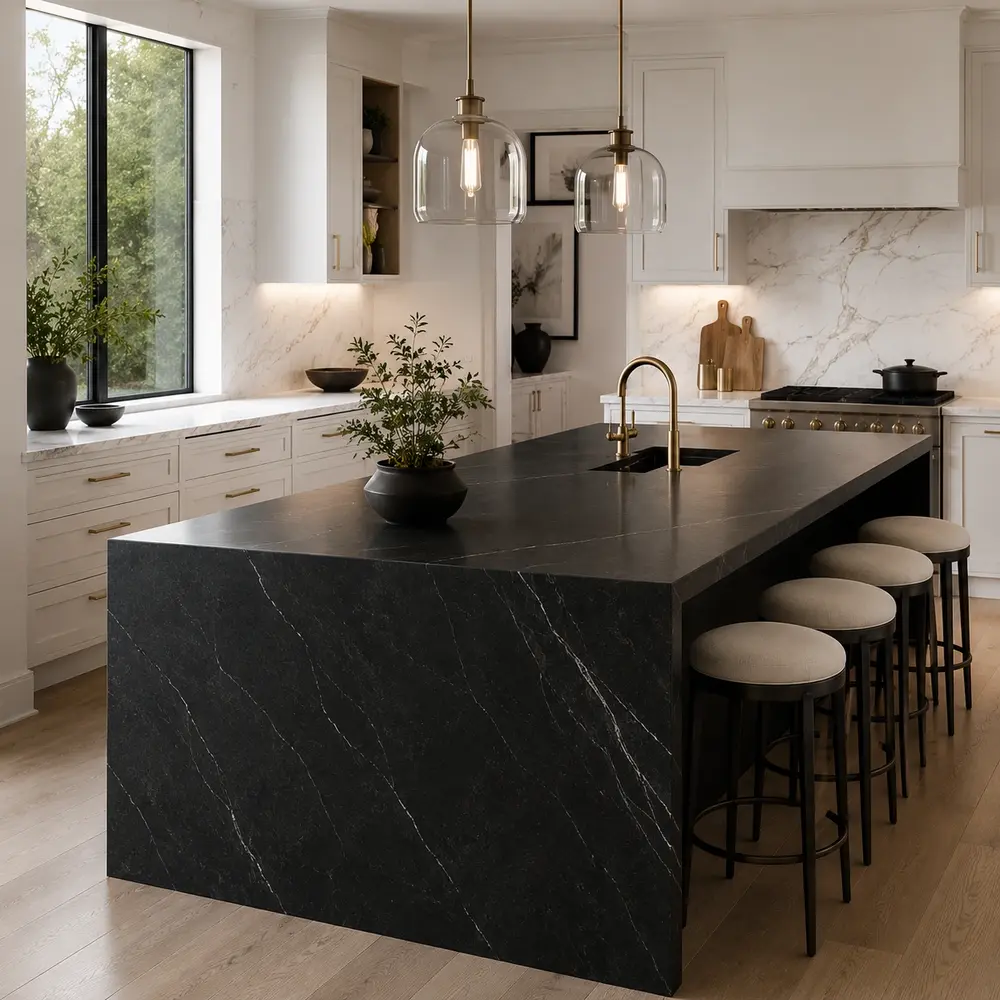 Modern kitchen with light perimeter countertops and a dark stone island creating a bold high-contrast look