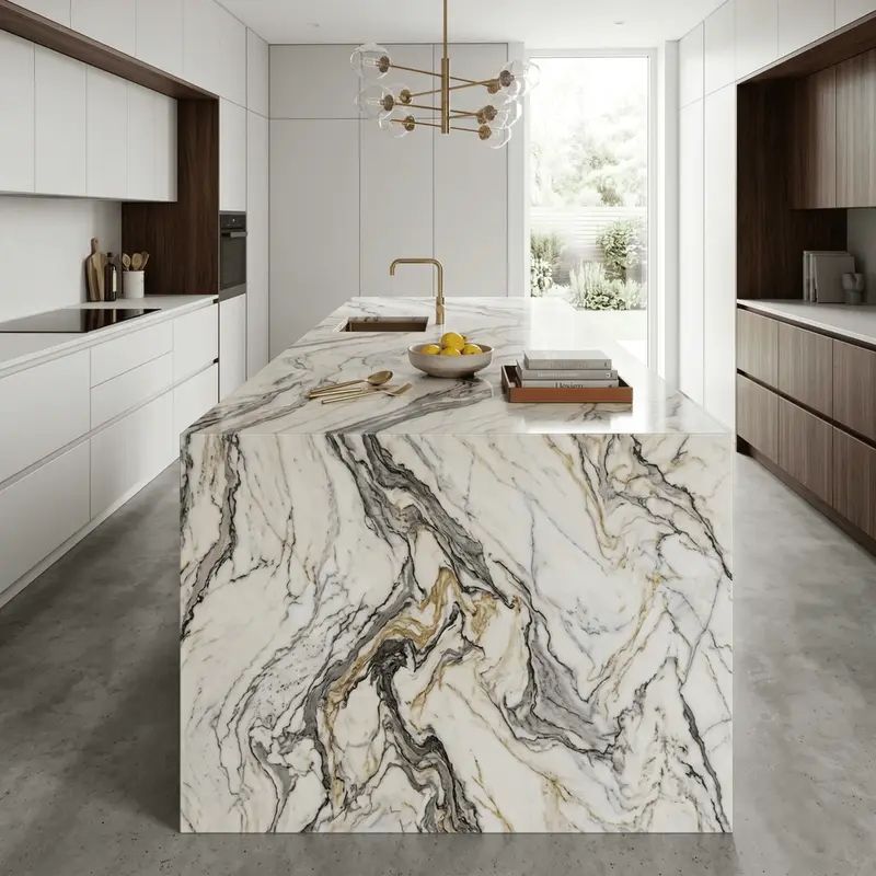 Exotic quartzite kitchen island with dramatic gray and gold veining in a bright modern luxury kitchen