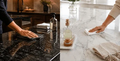 The Secret to Keeping Your Countertops Looking New for Decades: A Granite and Marble Care Guide Hands wiping granite and marble countertops in a split kitchen scene showing natural stone care.