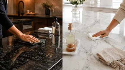 Hands wiping granite and marble countertops in a split kitchen scene showing natural stone care.