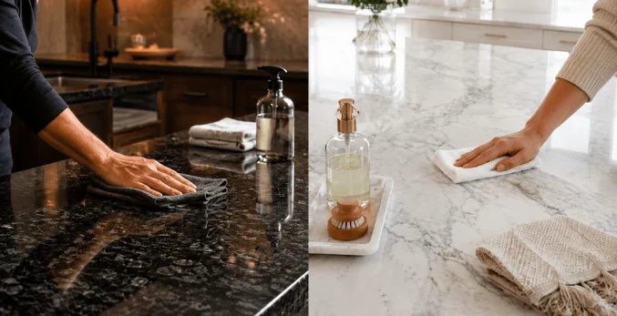 Hands wiping granite and marble countertops in a split kitchen scene showing natural stone care.