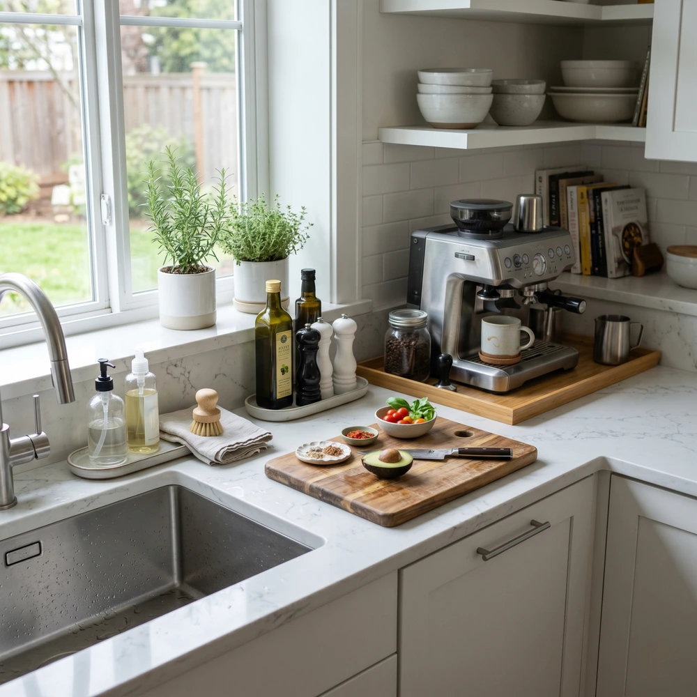 Modern kitchen countertop showing sink, coffee station, food prep area, and trays for daily countertop protection