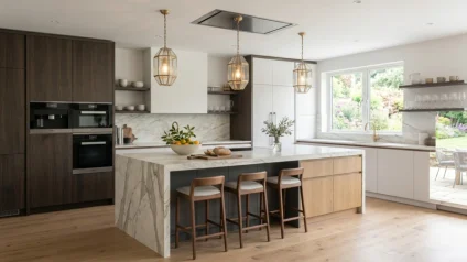 Modern kitchen island with a waterfall edge stone countertop, wood cabinetry, and bright luxury kitchen design.