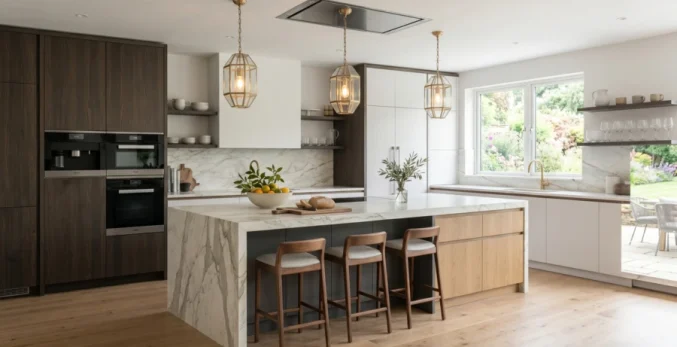 Modern kitchen island with a waterfall edge stone countertop, wood cabinetry, and bright luxury kitchen design.