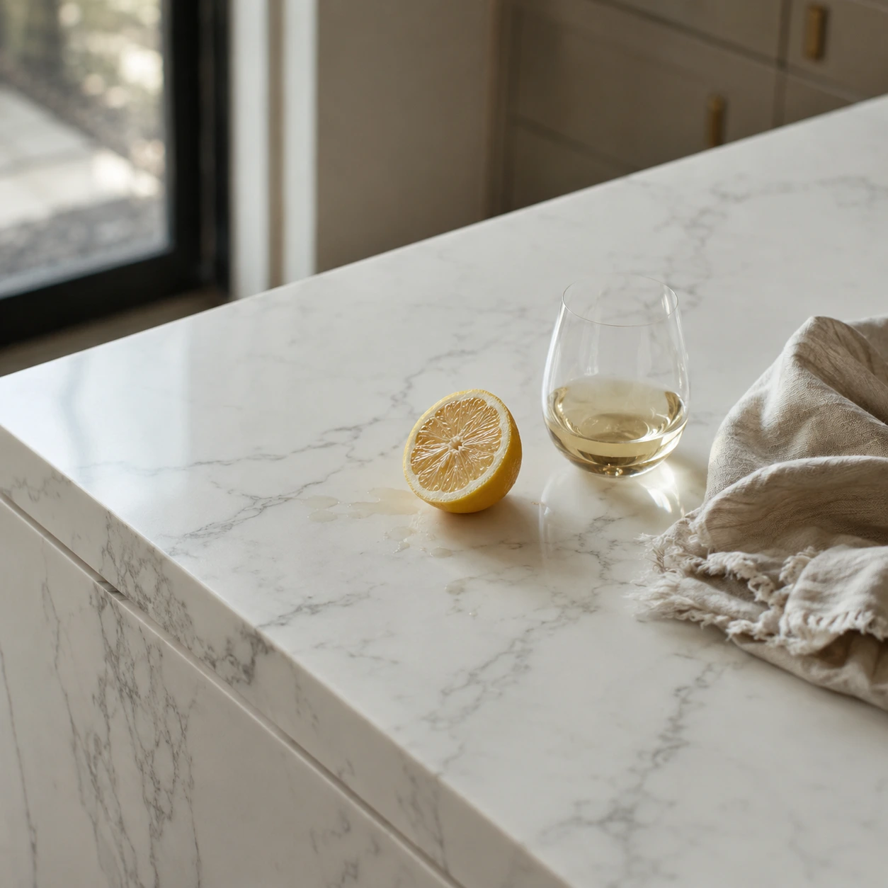 White marble countertop with lemon, wine glass, and cloth showing marble care and acid sensitivity.