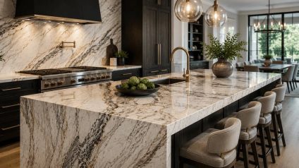 Modern luxury kitchen with a dramatic natural stone island countertop as the main focal point