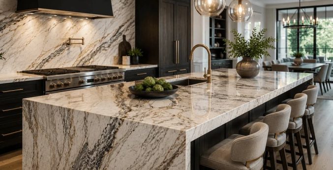 Modern luxury kitchen with a dramatic natural stone island countertop as the main focal point